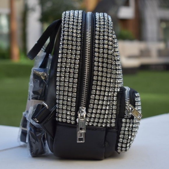 LMD 9000 Mini Silver Rhinestone Embellished Black Leather Women's Backpack - Picture 3 of 9